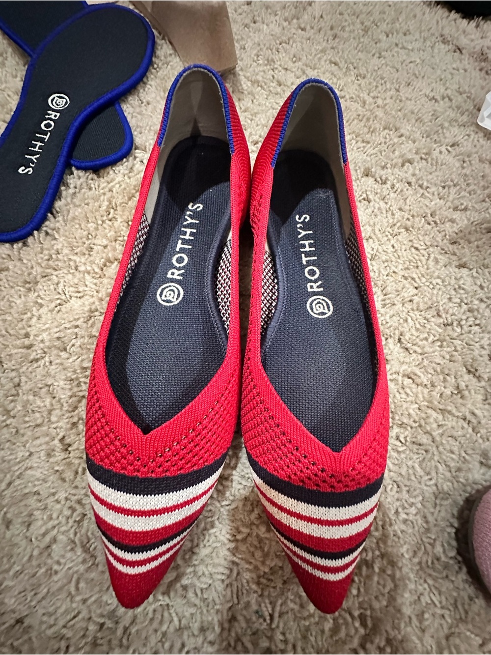 Rothy's Red Pointed Knit Flats with Navy and White Stripes
